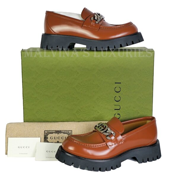 GUCCI SHOES MENS MOC TOE LUG SOLE MOCCASINS LOAFERS w LOGO  sz 7.5 US 8 main image 13